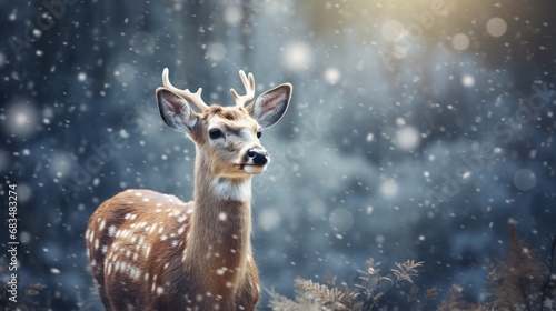  a deer standing in the middle of a forest with snow falling down on it's head and antlers in the foreground.