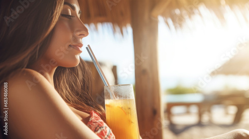 Closeup of a couple lounging on a private beach cabana, sipping on tropical drinks and enjoying the sound of the ocean waves.