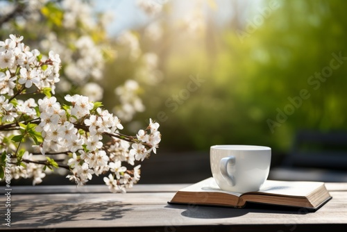 White coffee cup and open book with spring flowers on a wooden table, embracing spring vibes