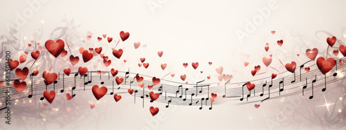 Musical notes and hearts intertwine in a whimsical pattern, a visual melody for a Valentine's Day Music Playlist. The image sings of romance and harmony.