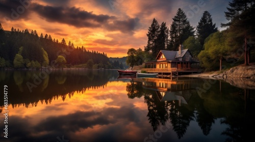 The boathouse at Ferchensee bathed in the warm evening glow of the setting sun during early summer, showcasing a flawless reflection that accentuates the cloudy ambiance