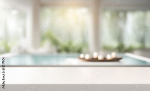 Empty white table top in front, blurred spa background. Blank relax massage backdrop in perspective. Panoramic table counter in focus, blurred cosmetology scene. Pedestal, podium, generative by AI