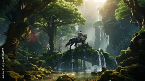 the amazing forest horse traversing a land of floating islands and cascading waterfalls, defying gravity.