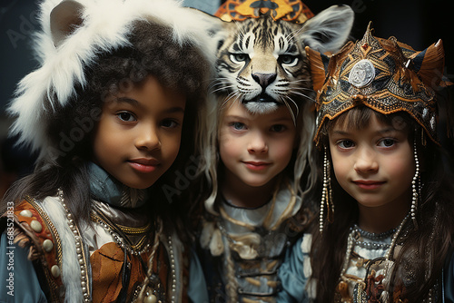 children play and run around in animal costumes, celebrate carnival. carnivals in childhood. carnivals. costumes of tigers, raccoons, lions, rabbits. happy children.