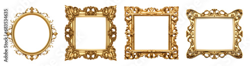 Golden and wooden frames on transparent background. Decorative elegant luxury design, frame set, collection, rococo style, isolated on transparent background