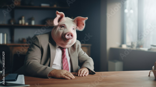 Corporate boss with a pig head in his office