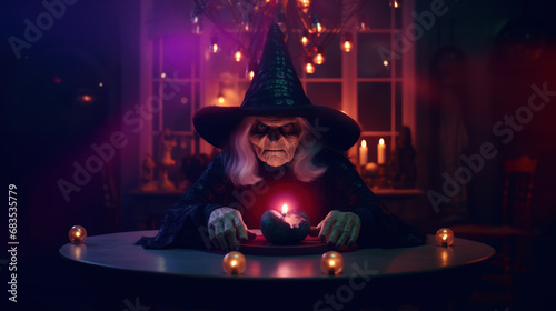 Old ugly witch with her magic crystal