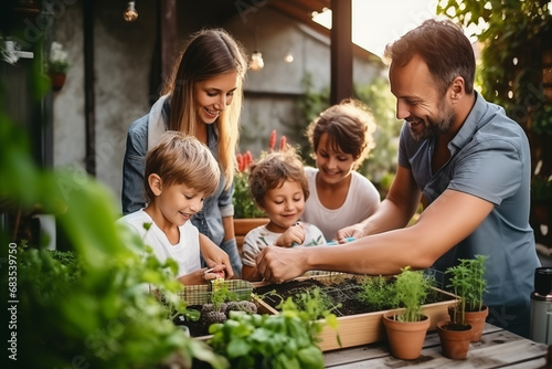 Families engaged in creating and maintaining a vegetable or herb garden, promoting self-sustainability and healthy eating, creativity with copy space
