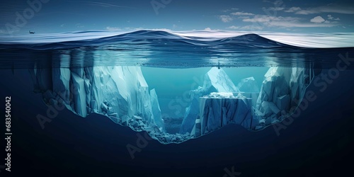 Iceberg on the Waterline, Captured in the Style of Photorealistic Surrealism and Moody Tonalism, Unveiling Impressive Panoramas of Light Blue and Blue Tones with Photorealist