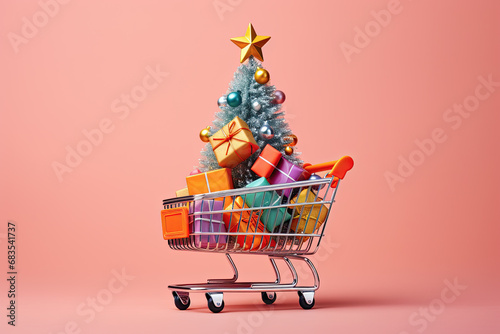 carro de la compra en miniatura conteniendo paquetes regalo y árbol de navidad con una estrella dorada sobre fondo rosa