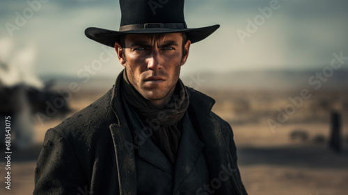 Portrait of a cowboy with hat in western movie style. Blurry landscape in the background.