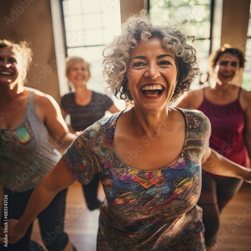 Middle-aged women enjoying a joyful dance class, candidly expressing their active lifestyle through Zumba with friends - Generative AI
