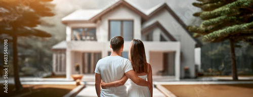 Happy young couple stands in front of modern private house. Husband and wife hug each other, rejoicing at moving to a new home.