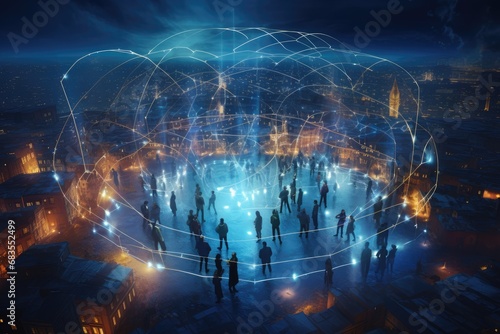People Connected in a Global Communication Network Dome at Night