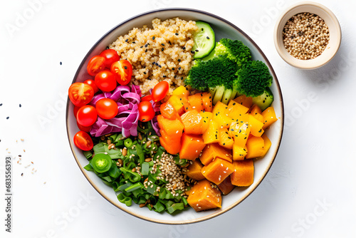 Vegan buddha bowl with baked pumpkin, quinoa, tomatoes, spinach, celery, radish, soybeans, edamame, tofu, cauliflower, broccoli and sesame seeds, white table background, top view