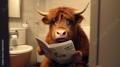 A cute highland cow sitting on a toilet seat, reading a newspaper in a minimalist bathroom. Generative AI.