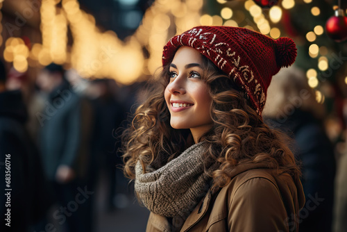 mujer joven con ropa de invierno y gorro de lana sonriente observando una calle iluminada con decoración navideña y fondo desenfocado