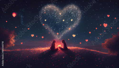 Sternenhimmel voller Herzen Liebespaar auf einem Hügel Fernbeziehung Valentinstag, Karte Vorlage Kartenmotiv Idee Liebe schenken Generative AI 