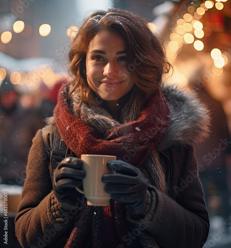 mujer joven con ropa de invierno, gorro de lana y sonriente sosteniendo un café entre sus manos en una calle iluminada con decoración navideña y fondo desenfocado, en un mercado de invierno