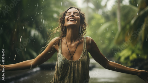 portrait of a woman enjoing the rain, ai generated