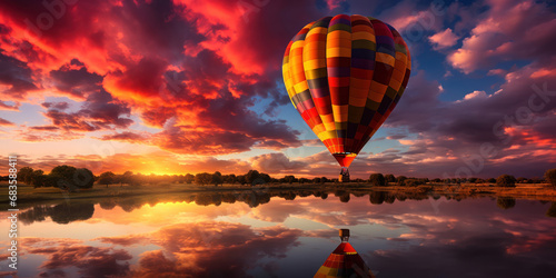 The colorful spectacle of a hot air balloon set against the warm hues of a sunset sky