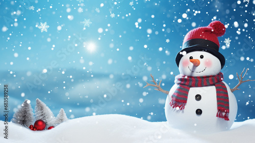 Illustration de Noël. Bonhomme de neige avec bonnet et écharpe. Ambiance hivernale, familiale et festive. Dessin pour conception et création graphique. 