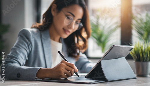 businesswoman confidently signs on a digital tablet, symbolizing efficiency, modernity, and seamless online transactions in a professional setting