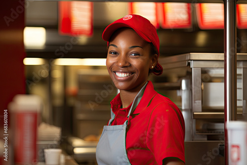 Professional chef, fast food, frontline staff, restaurant cook, food preparer, smiling, commercial restaurant kitchen. Cooking fried foods, fries, burger, taco, burrito, bacon, pizza
