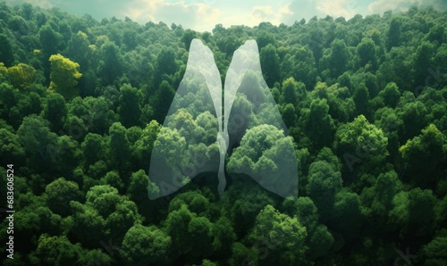 Shape of lungs in middle of forest with a view from above. Concept of nature protection, cleanliness, breathing and natural reduction of CO2, Generative AI 