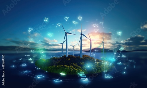 Renewable resource technology to reduce pollution and carbon emissions. Wind energy and sustainable resources. Renewable energy technology.Sustainable, Generative AI 