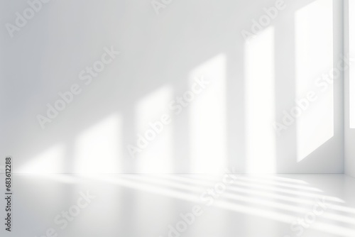 Blurred abstract white studio background for product presentation. Empty room with shadows of window. Display product, Generative AI 