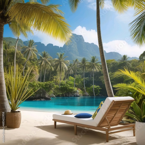 Tumbona con un cojín y un sombrero en una playa paradisíaca con palmeras un mar en calma unas montañas de fondo con un cielo azul con nubes blancas 
