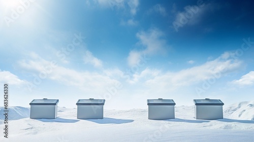 snowflakes drifting down against a calm blue sky, tranquil podium, Three immaculate podiums arranged on a snow-covered plain