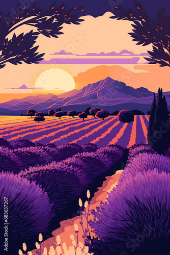 Wallpaper of a beautiful lavender field landscape. poster, postcard picture 