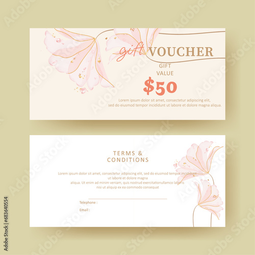 Gift voucher. Coupon template with watercolor pink flower decoration. elegant aesthetic design. good for boutique, jewelry, floral shop, beauty salon, spa, fashion, flyer, banner design.