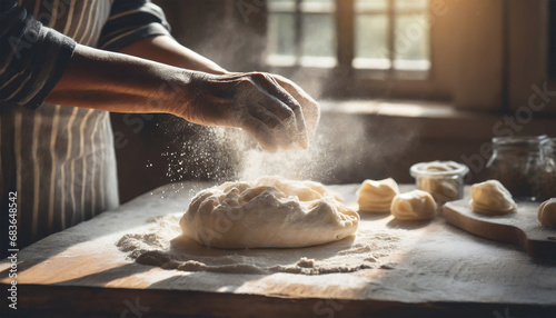 closeup hands with homemade dough and flour, bakery