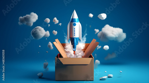 Rocket missle rising up outside the box . Powerful startup idea concept . This is a 3d render illustration .