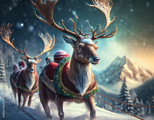 Christmas reindeer trotting through heavy snow