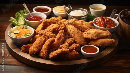 An artful arrangement showcasing a variety of crispy chicken tenders served with an array of dipping sauces and sides.