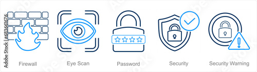 A set of 5 Cyber Security icons as firewall, eye scan, password