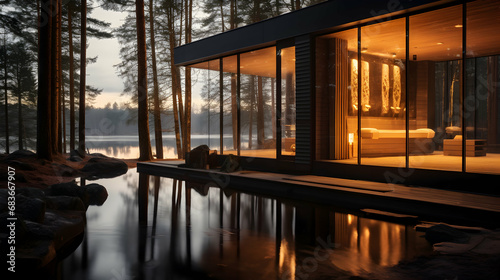 Finland sauna warming up and healing in a spa wellness resort cabin, generative ai