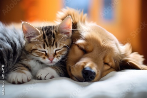 cute little puppy and kitten cuddle together to sleep