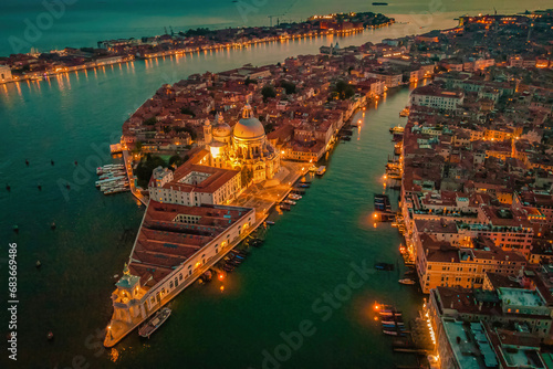 Venice from above with drone, Aerial drone photo of iconic and unique Saint Mark's Square or Piazza San Marco featuring Doge's Palace, Basilica, and Campanile, Venice, Italy. Europe
