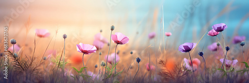 Wild flowers plant on summer or autumn nature background with copy space, panorama view, web header, seasonal wallpaper, generative ai