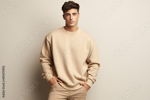 Male young model in beige blank sweatshirt, sweater on beige background. Clothes mockup. AI Generative