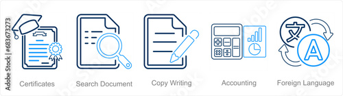 A set of 5 Hard Skills icons as certificates, search document, copy writing
