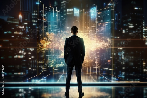 Back view of businessman looking at night city and digital hologram. Technology concept, Businessman standing in front of a digital big screen hologram displaying business data, AI Generated