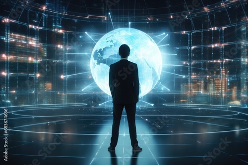 Back view of businessman looking at planet hologram. Future and technology concept. Double exposure, Businessman standing in front of a large hologram screen displaying a global, AI Generated