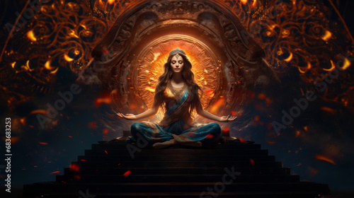 goddess woman meditating in a lotus pose surrounded light, on abstract background