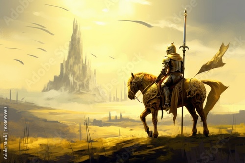 Digital illustration painting design style a golden knight and his horse walking to field of swords, Generative AI